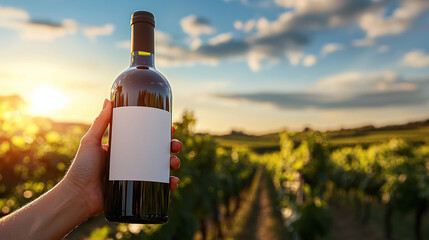 A bottle of wine with a white label in a woman's hand against the background of vineyards and blue sky