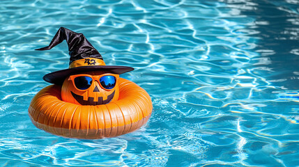 A Halloween pumpkin in glasses and a witch's hat swims in an inflatable ring in a pool on a sunny day - a creative holiday composition with humor