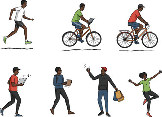 Young people walking, biking, running, reading, shopping, using devices, active lifestyle, modern youth illustration, daily activities, diverse characters, vector.