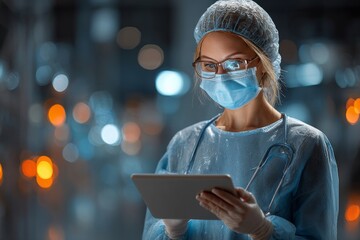 Female surgeon using tablet computer in operating room, holding tablet and wearing surgical mask, cap, gown and gloves