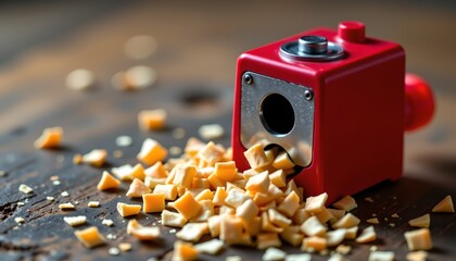 A red Lego piece is seen sitting next to a pile of cheese shavings on a wooden surface.