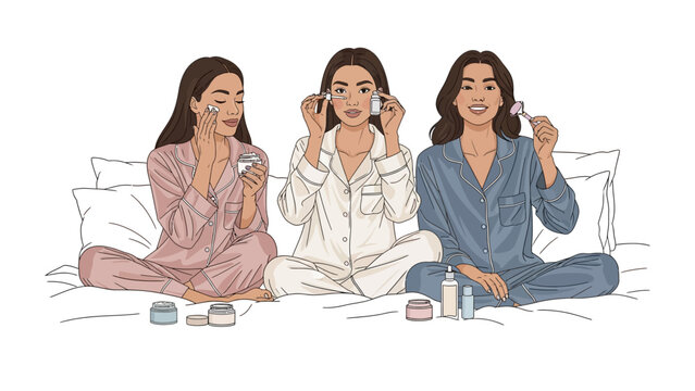 Three young women in pajamas applying skincare products while sitting on a bed enjoying a relaxing self care beauty routine together