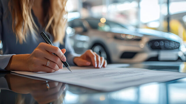 A woman in a business suit signs documents for the purchase of a new car against the background of cars parked in a car dealership