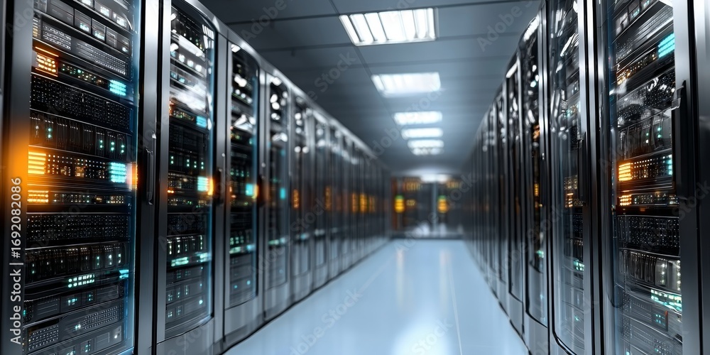 Poster rows of high-tech operating system computer racks in a modern data center for information storage