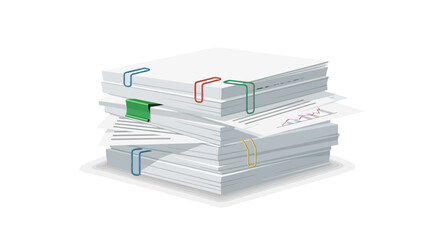 A stack of white paper documents held together by colorful paperclips, slightly angled.