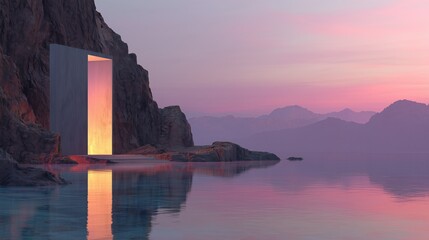 Business and career development through a futuristic portal in a glowing cliff at twilight
