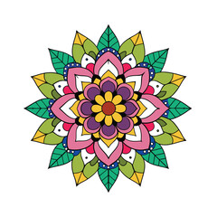 Intricate mandala design featuring a vibrant array of colorful flowers on a clean white background