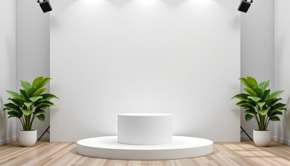 An indoor setting with a stage set up in front of a white wall. On the stage, there's a platform with some items on it that appear to be decorative or for performance purposes