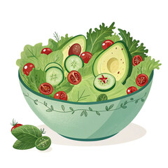 Healthy green salad bowl with lettuce, avocado, cucumbers, and cherry tomatoes on transparent background for diet menus and wellness brands