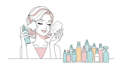 Elegant woman with wavy hair applying perfume from a bottle surrounded by a collection of colorful cosmetic and fragrance bottles