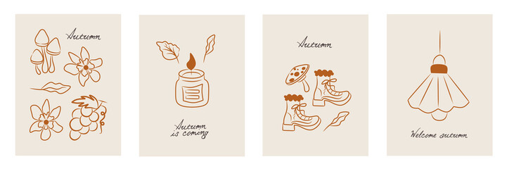 Autumn season minimalist cards with maple leaves, fruit, flowers, mushroom. Whimsical wall art, poster cover, banner, card, flyer. Creative design templates ads, web, label, branding, social media.