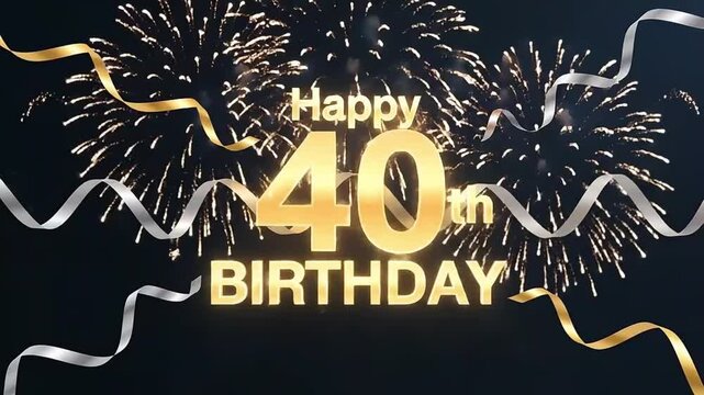 Elegant 40th Birthday Animation with Sparkling Fireworks and Swirling Gold and Silver Ribbons - Powered by Adobe