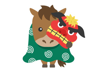 Obraz premium 獅子舞の衣装を着た、馬のキャラクターのイラスト｜午年素材