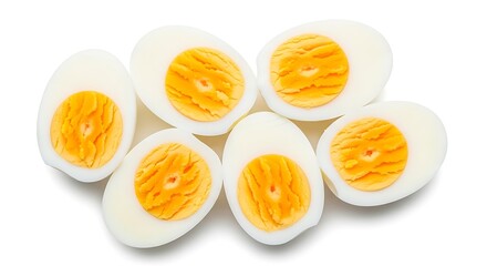 six halves of hard-boiled eggs on a white background. The yolk of each egg is a vibrant yellow-orange color