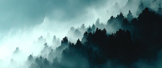 Misty mountain range draped in a thick fog, with dark silhouettes of trees