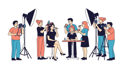 Creative team collaborating on a professional photoshoot with models makeup artists photographers and lighting equipment in a studio setting