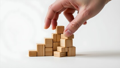 A moment of focus as a person's hand delicately places a wooden block onto a stack of similar blocks