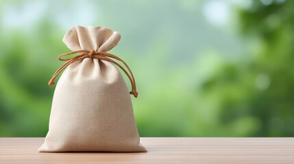 A small burlap bag sits on a wooden surface with a soft, blurred green background.