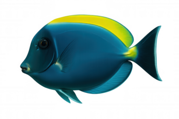 Powder blue tang fish with yellow dorsal fin swimming underwater, isolated on transparent background