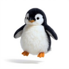 Fototapeta premium Cute fluffy penguin plush toy floating in a cheerful pose against a white background