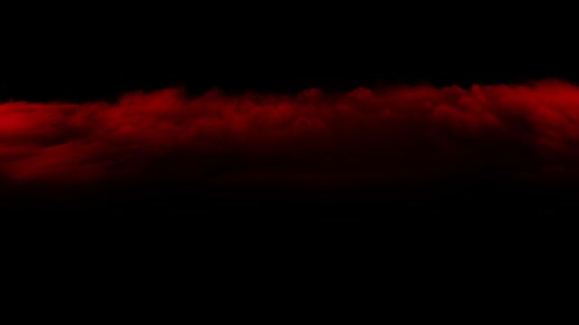 Cinematic flight over thick, rolling red clouds or fog against a black backdrop, ominous landscape for horror or dramatic scenes