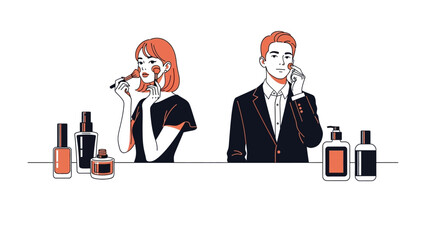 Modern illustration of a stylish woman and man applying makeup and skincare products with a minimalist aesthetic on a white background