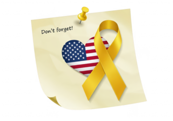 A yellow ribbon with a heart and flag on a reminder note isolated on transparent background