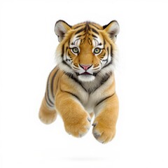 Obraz premium Running tiger cub leaps forward with playful energy in a clean white background setting
