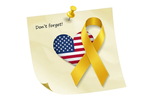 A yellow ribbon with a heart and flag on a reminder note isolated on transparent background