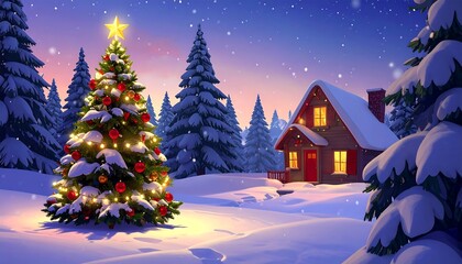 Fototapeta premium Snowy Christmas scene with a decorated tree and cozy house