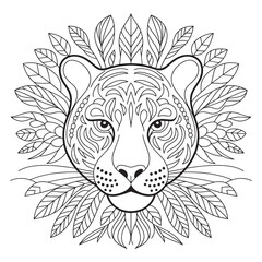 Zentangle Big Cat Coloring Page for Adults | Printable Leopard with Leaf Mane | Detailed Line Art for Stress Relief, Mindful Coloring