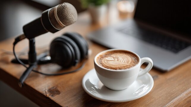 Microphone and headphones on a wooden desk with a coffee cup and laptop setup for recording or streaming session