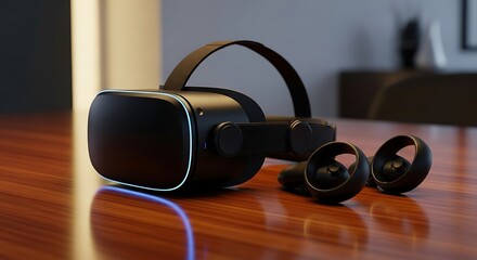 Virtual Reality Headset on Wooden Table - Immersive Tech Experience.
