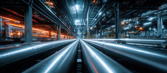 Fototapeta premium A modern industrial factory scene featuring shiny metallic pipelines and well-illuminated infrastructure, showcasing industrial technology and equipment.