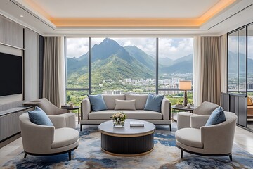 Luxury Apartment Living Room with Panoramic Mountain View