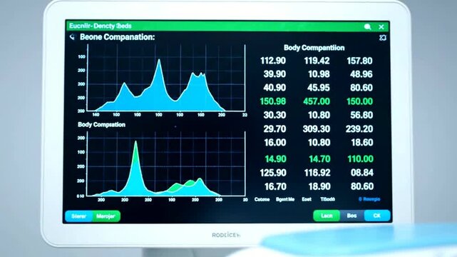 Close-up of a medical monitor displaying detailed body composition and bone density analysis results with graphs and charts.