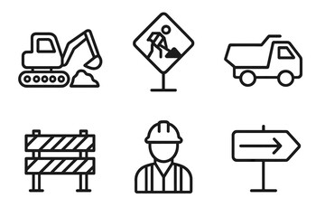 Construction icons set featuring excavator, truck, worker, traffic signs, and barrier symbols