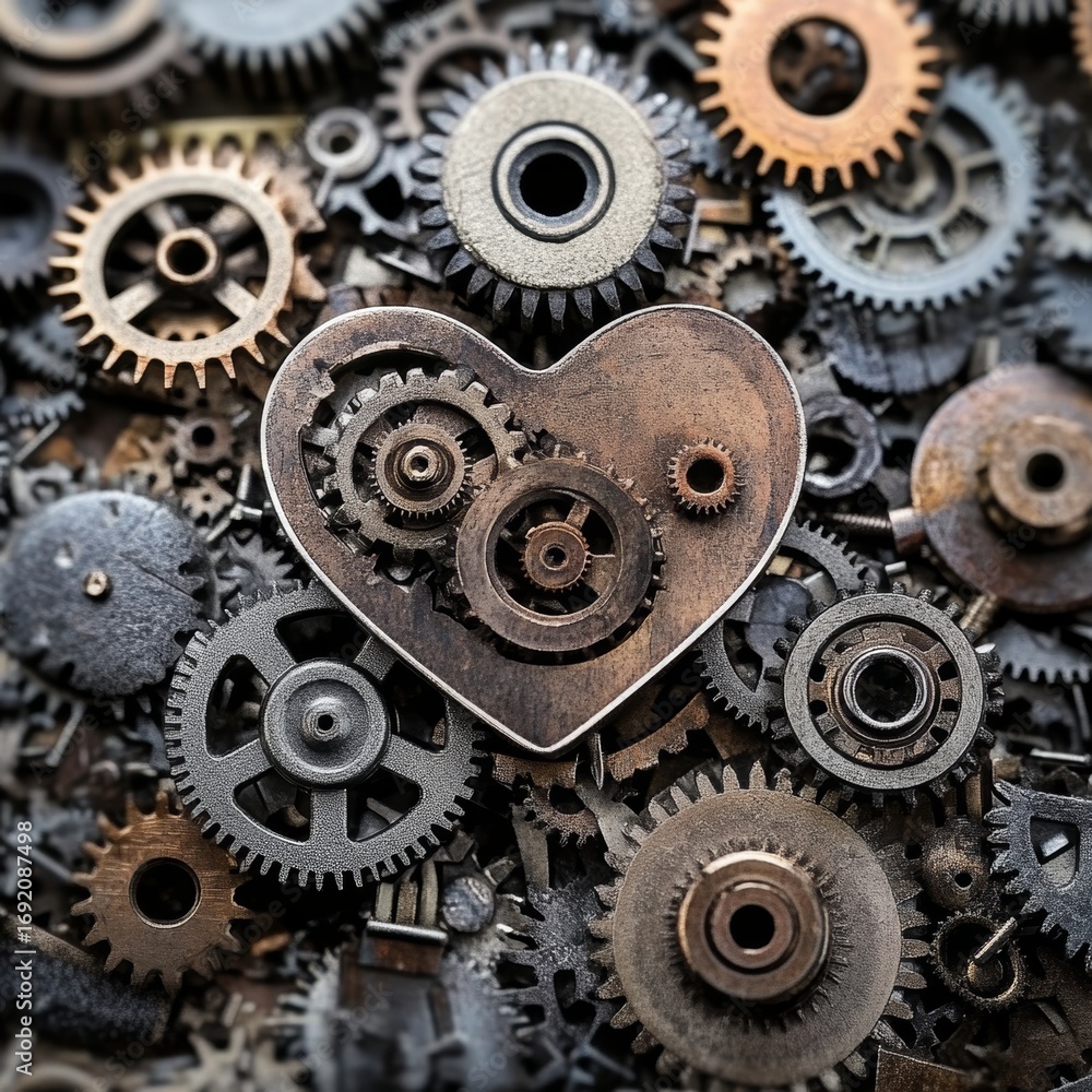 Poster steampunk engineering heart-shaped cogwork surrounded by various intricate gears and cogs