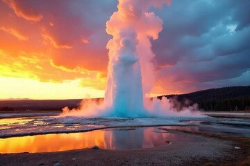 Spectacular eruption of a Yellowstone geyser, hot water and steam rising high into the air against a dramatic sky A powerful display of geothermal energy in nature's landscape , energy, steam