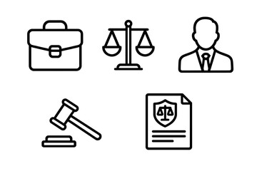 Legal symbols including briefcase, scales of justice, male lawyer, gavel, legal document