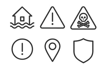 Set of hazard and location icons including warning and protection symbols