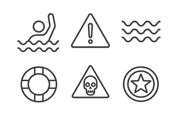 Water safety icons set: swimming, warning, and lifesaver symbols