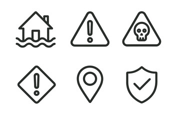 Flood warning, caution, danger, alert, location, security icons set