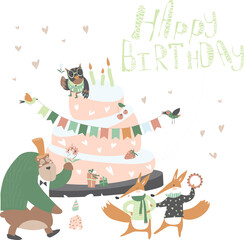 Birthday background with happy animals. Vector illustration