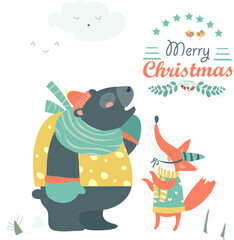 Fototapeta premium Funny bear and happy fox . Vector greeting card