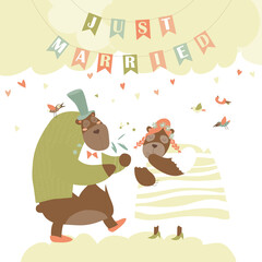Two Lovely Bears. Just Married. Vector illustration
