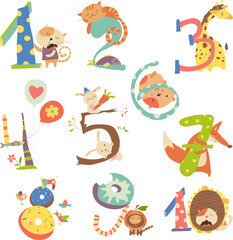 Fototapeta premium Cartoon Set Illustration of Birthday Anniversary Numbers with Funny Animals