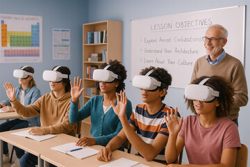 Diverse high school students wearing VR headsets, exploring a virtual reality. An older Caucasian male teacher, modern classroom, educational posters and a whiteboard displaying lesson objectives.