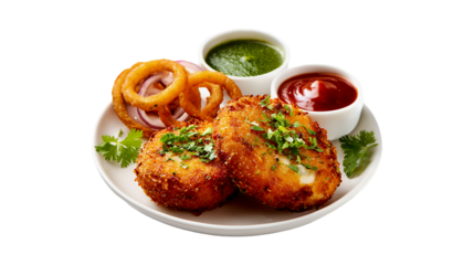 Delicious Crispy Fish Cakes with Dips and Onion Rings