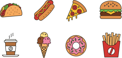 Collection of delicious and colorful fast food items